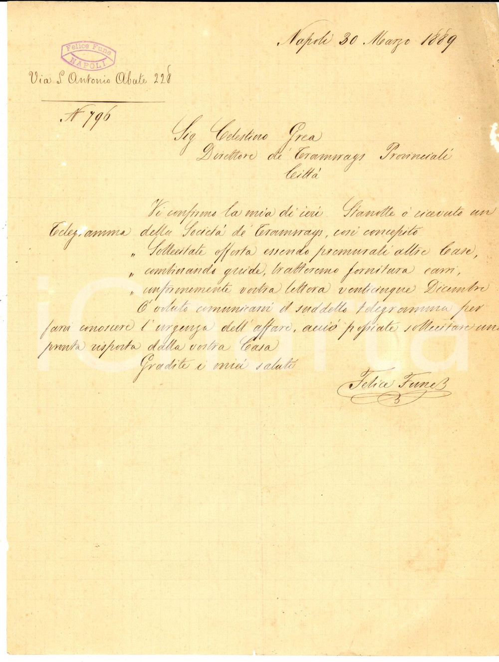 1889 NAPOLI Lettera di Felice FUNE su fornitura per linea di tram a cavalli