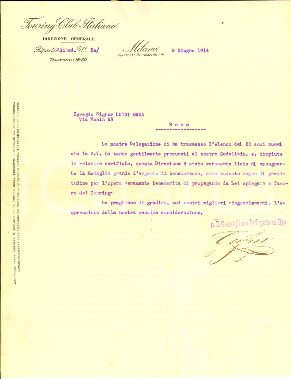 1914 MILANO TOURING CLUB ITALIANO Benemerenza - Lettera invio medaglia d'argento