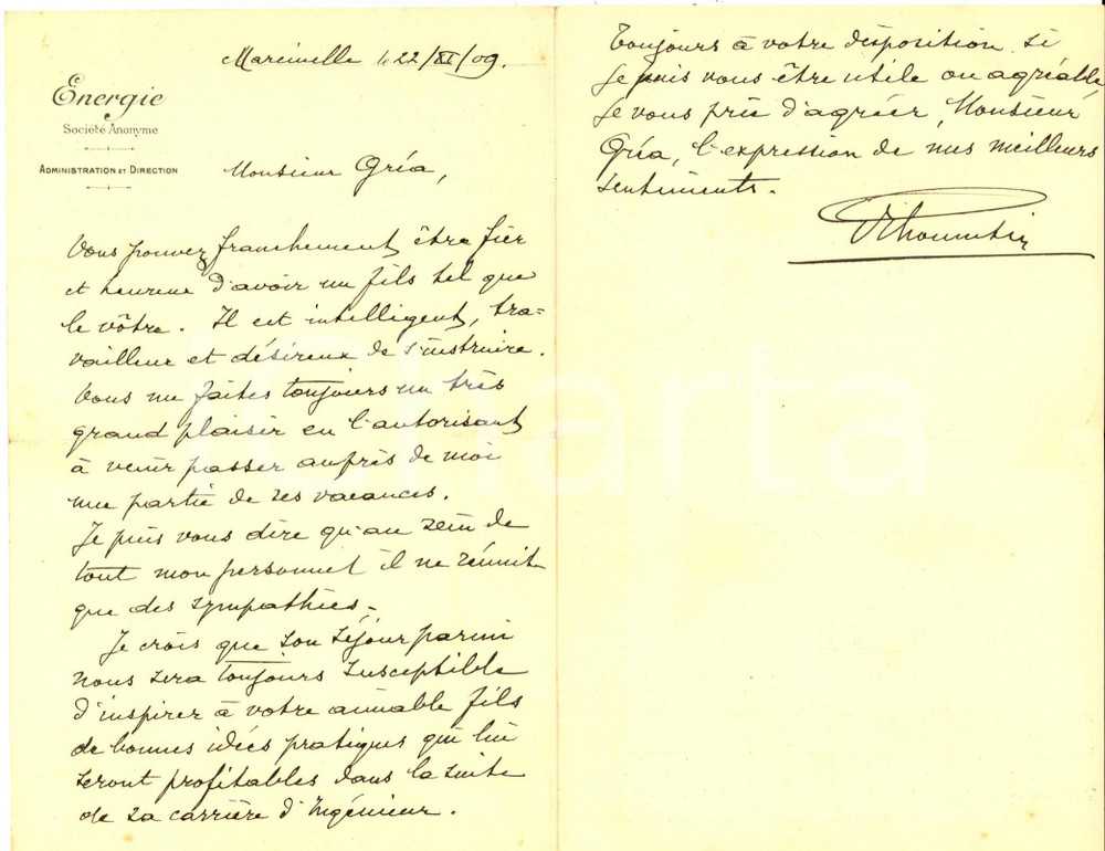 1909 MARCINELLE Lettera Société Anonyme ENERGIE in lode di un giovane ingegnere