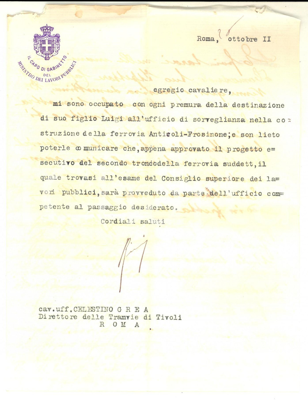 1924 ROMA Ministero Lavori Pubblici - Lettera Capo di Gabinetto raccomandazione