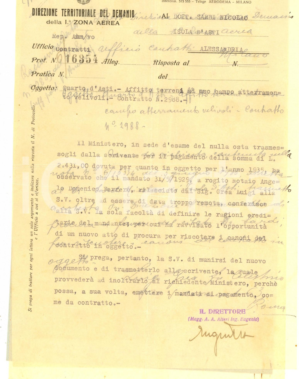1936 QUARTO D'ASTI Canoni terreno ad uso campo atterramento velivoli - Lettera