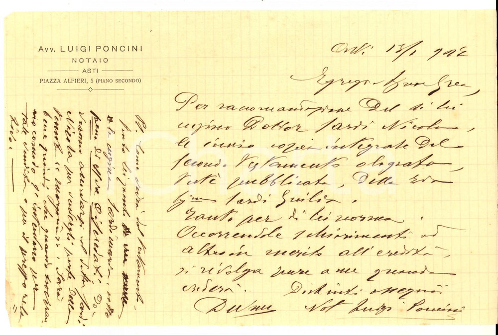 1927 ASTI Lettera del notaio Luigi PONCINI per invio testamento a un cliente