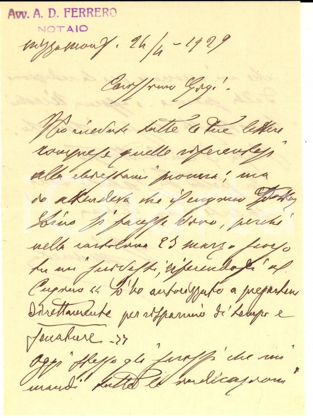 1929 NIZZA MONFERRATO Lettera del notaio A. D. FERRERO in merito a una procura