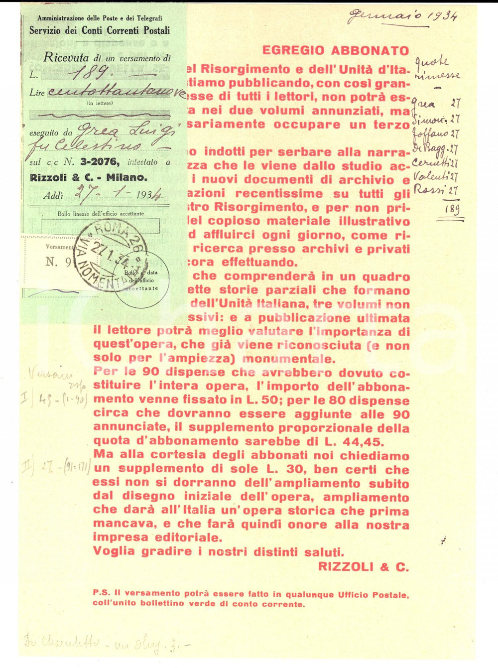 1934 MILANO Editrice RIZZOLI - Volantino "Storia del Risorgimento" con ricevuta Volantino pubblicitario d'epoca, con ricevuta di un abbonato.CONDIZIONI: FAIR (piegature d'epoca e appunti manuali)PAGINE: 1     originale e autentica 1