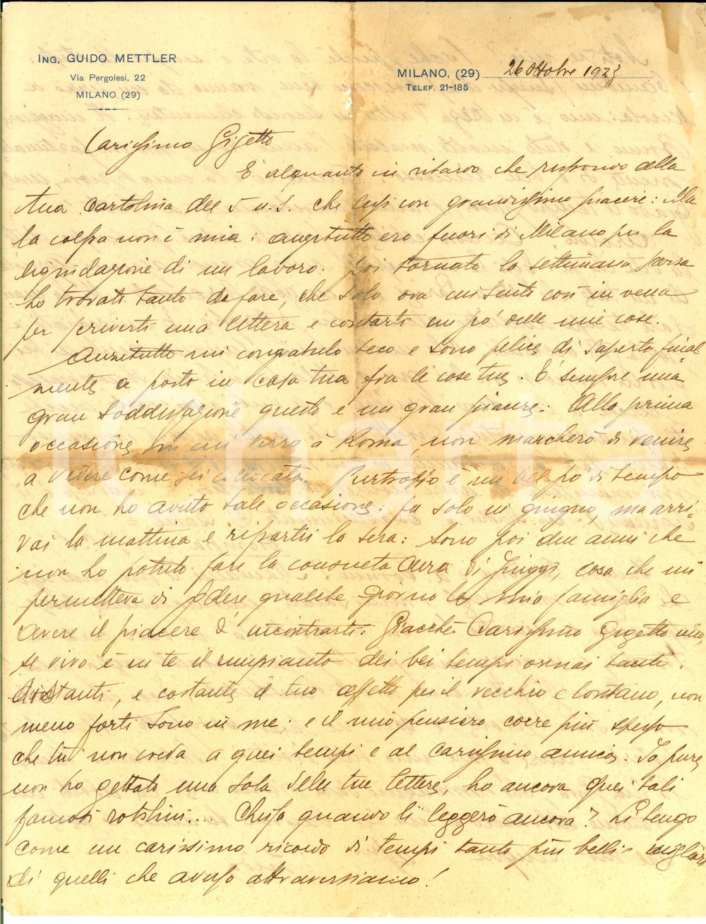 1928 MILANO Lettera ing. Guido METTLER a un amico con notizie familiari 