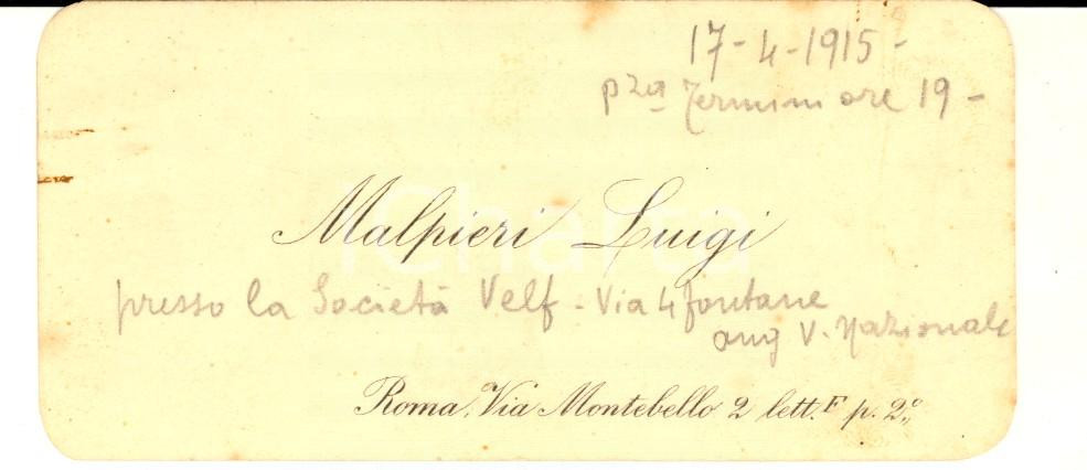 1915 ROMA Biglietto da visita di Luigi MALPIERI - Società VELF