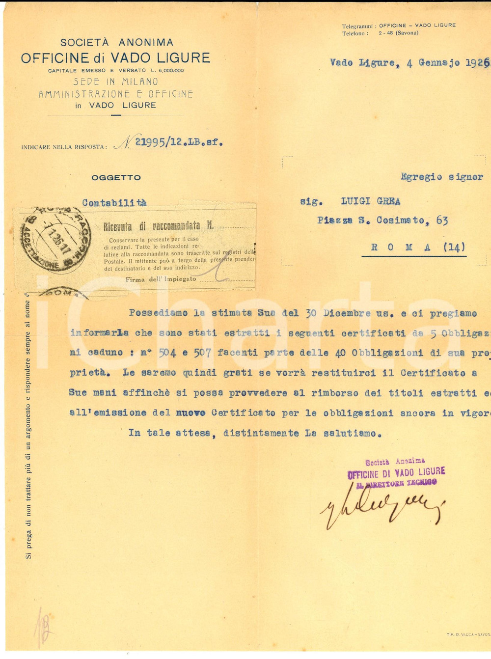 1926 VADO LIGURE Società Anonima Officine - Lettera obbligazioni con ricevuta