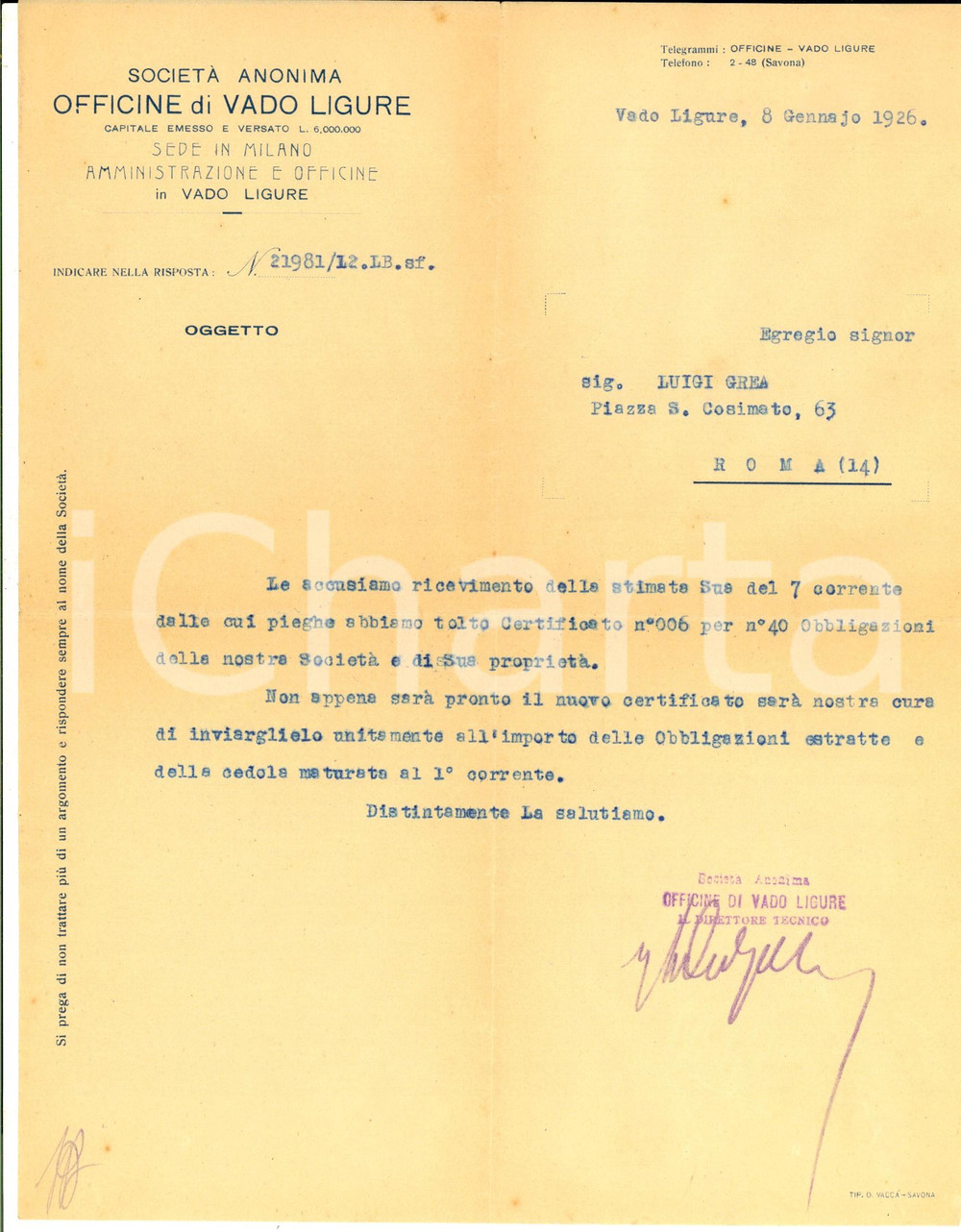 Manoscritto, lettera originale 1926 VADO LIGURE Società Anonima Officine Lettera a un cliente per obbligazioni 1