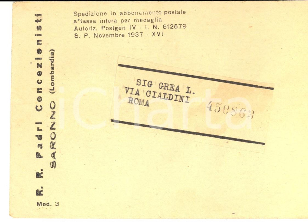 1937 SARONNO - Padri CONCEZIONISTI - Busta intestata vintage VUOTA