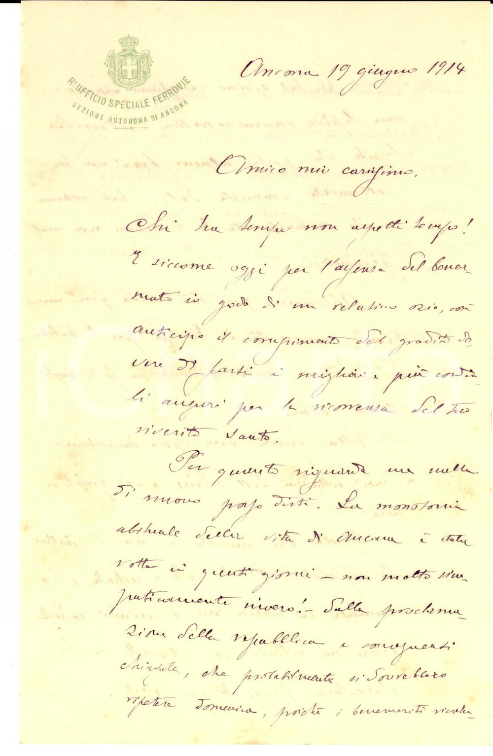 1914 ANCONA FERROVIE Lettera G. COZZOLINO su costruzione linea Spoleto-Norcia Lettera del funzionario delle Ferrovia G. Cozzolino, relativa alla costruzione della linea Spoleto-Norcia, entrata finalmente nel vivo.Cozzolino chiede informazioni a un collega in merito a Gioacchino Salmareggi, destinato dal Ministero alla linea.Interessanti le notazioni sui disordini politici ad Ancona nel 1914.Carta intestata Regio Ufficio Speciale Ferrovie - Sezione Autonoma di Ancona. CONDIZIONI: FAIR (piegature d'epoca)PAGINE: 4     originale e autentica 1