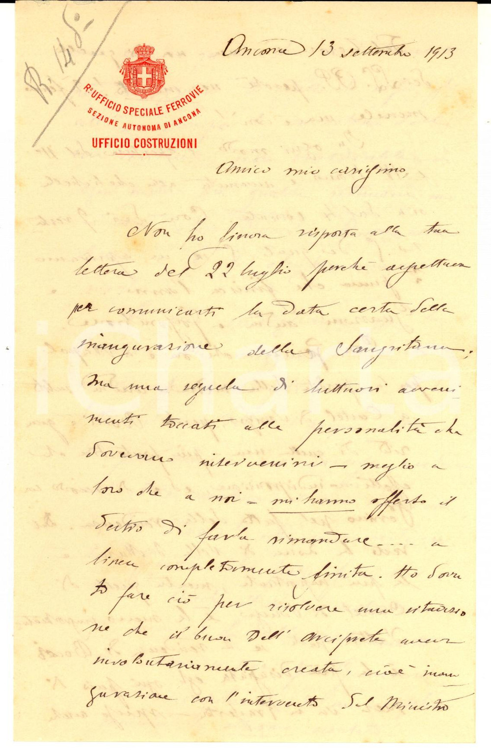 1913 ANCONA FERROVIE Lettera G. COZZOLINO su apertura tratte linea Sangritana 