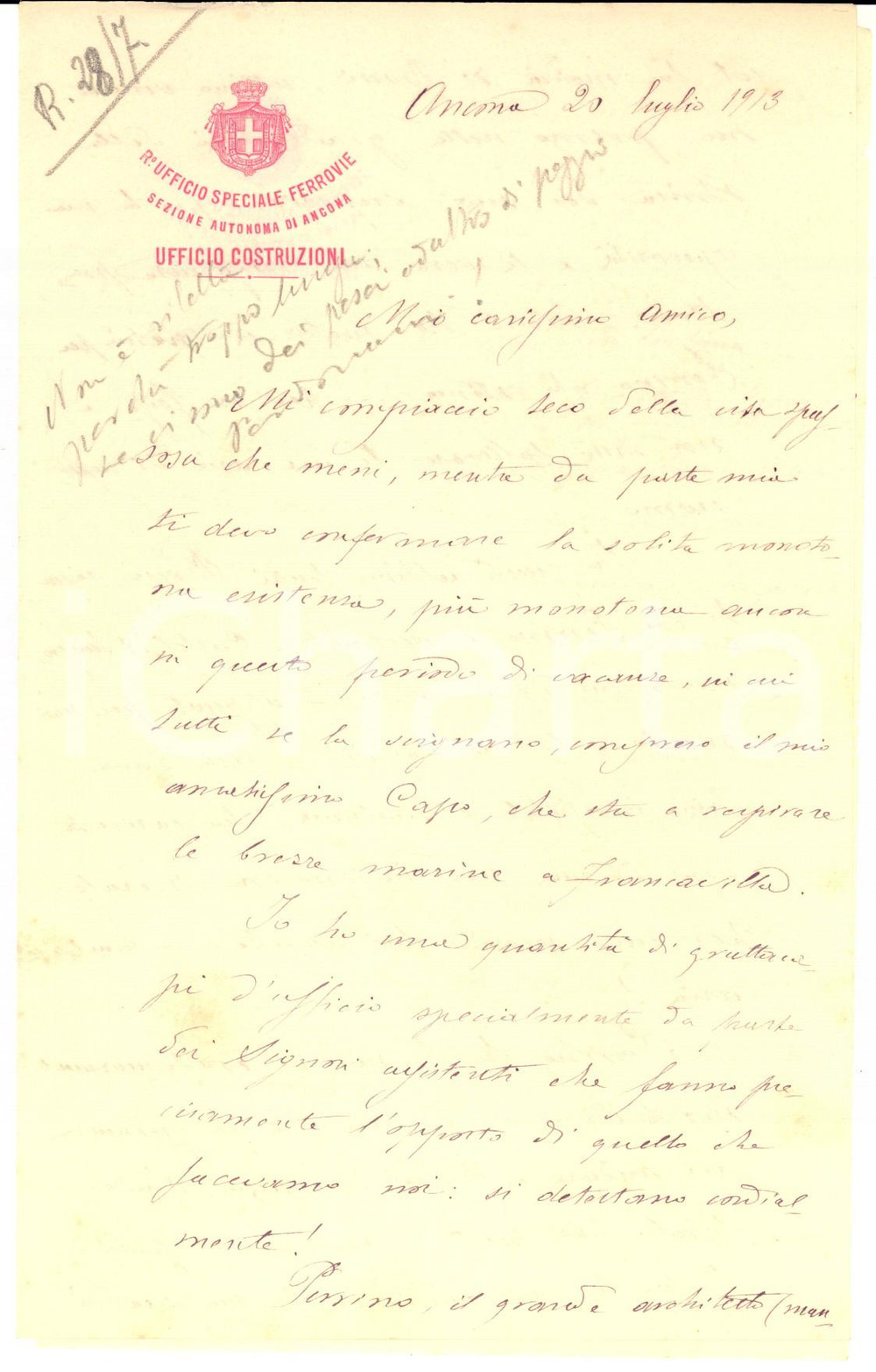 1913 ANCONA FERROVIE Nuove tratte e stessi stipendi - Lettera G. COZZOLINO Lettera del funzionario delle Ferrovia G. Cozzolino, relativa alla costruzione e apertura di nuove tratte della linea Sangritana, con le difficolt&agrave; del personale, costretto a utilizzare le stesse risorse:"... Figurati che alla Metaurana ed alla Sangritana si sono aggiunte: Spoleto-Norcia-Piediripa- 55 chilometri...Ferrovie Vastesi - alta vigilanza autonoma - km 204... Tramvia Spoleto-stazione. Il mio stipendio &egrave; sempre lo stesso!...". Carta intestata Regio Ufficio Speciale Ferrovie - Sezione Autonoma di Ancona. CONDIZIONI: FAIR (piegature d'epoca)PAGINE: 5     originale e autentica 1