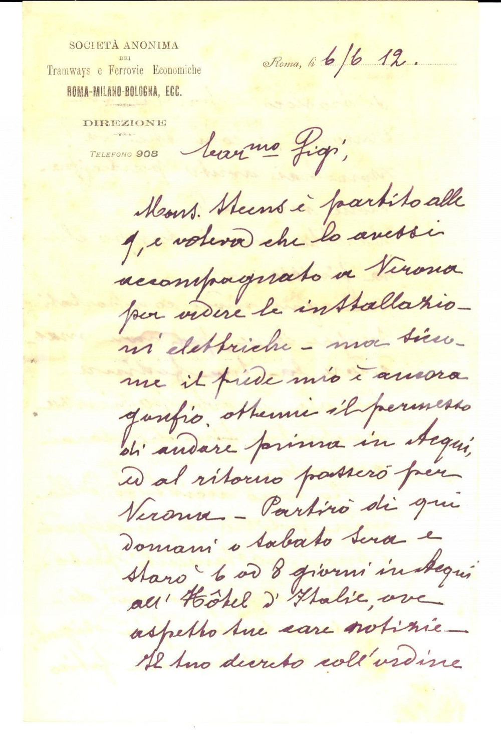 Manoscritto, lettera originale 1912 ROMA SocietÃ  Anonima Tramways  Celestino GREA arcistufo del lavoro LETTERA 1