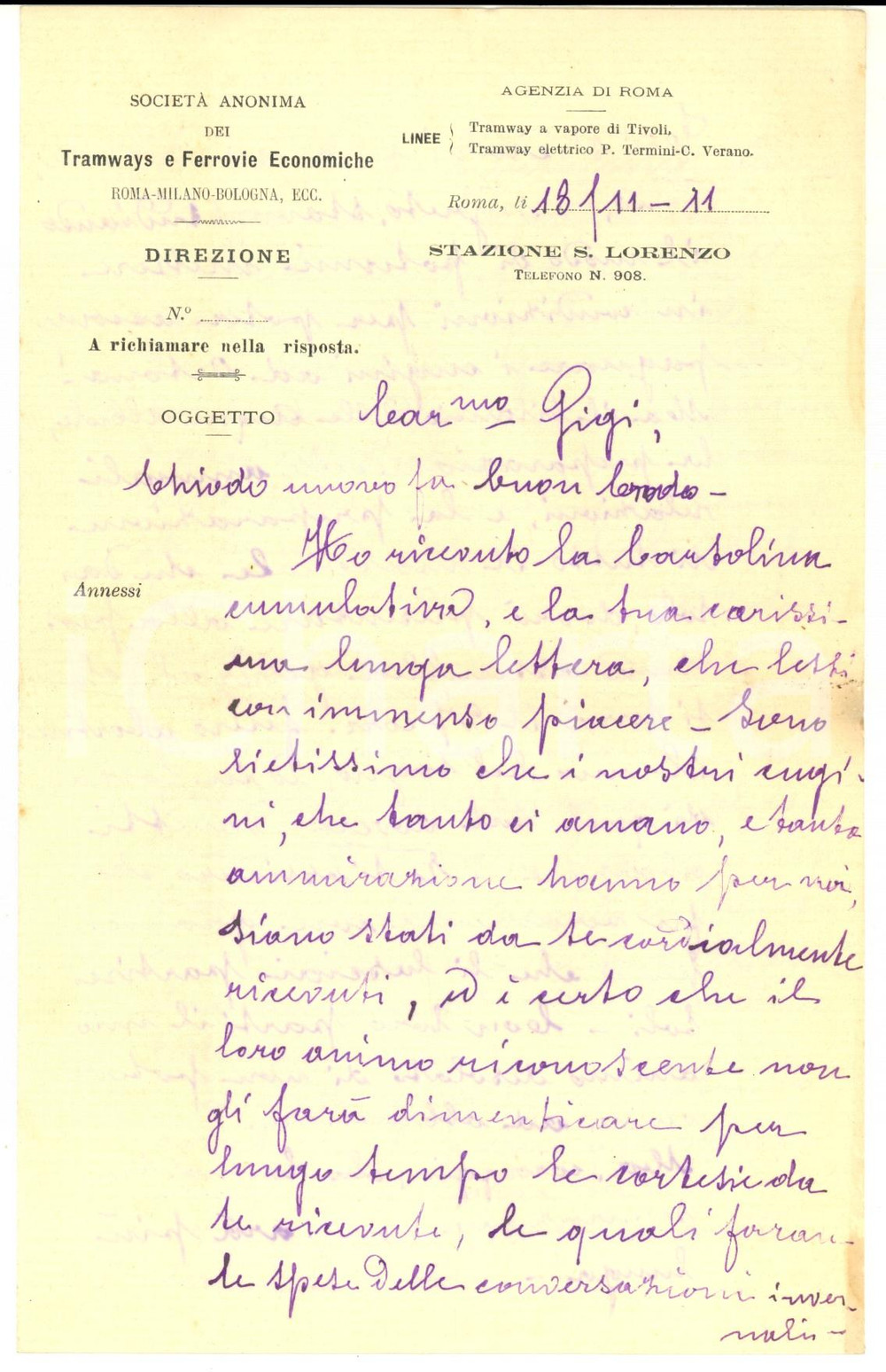 1911 ROMA Società Anonima Tramways - Celestino GREA sui lavori per la Frosinone