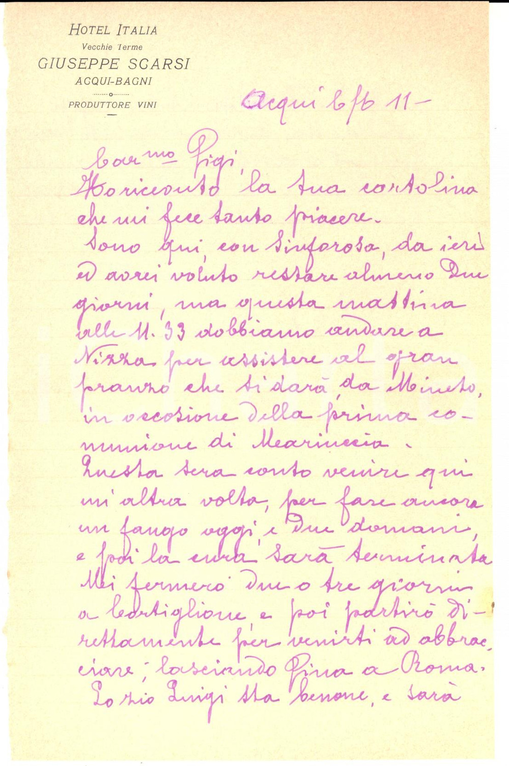1911 ACQUI TERME - Hotel ITALIA - Lettera di Celestino GREA alle terme 