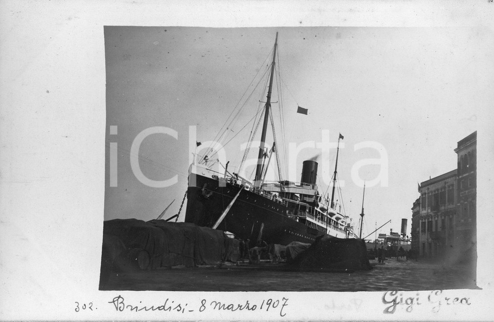 Fotografia d epoca originale 1907 BRINDISI Piroscafo Bohemia del Lloyd ancorato al porto Fotocartolina 1