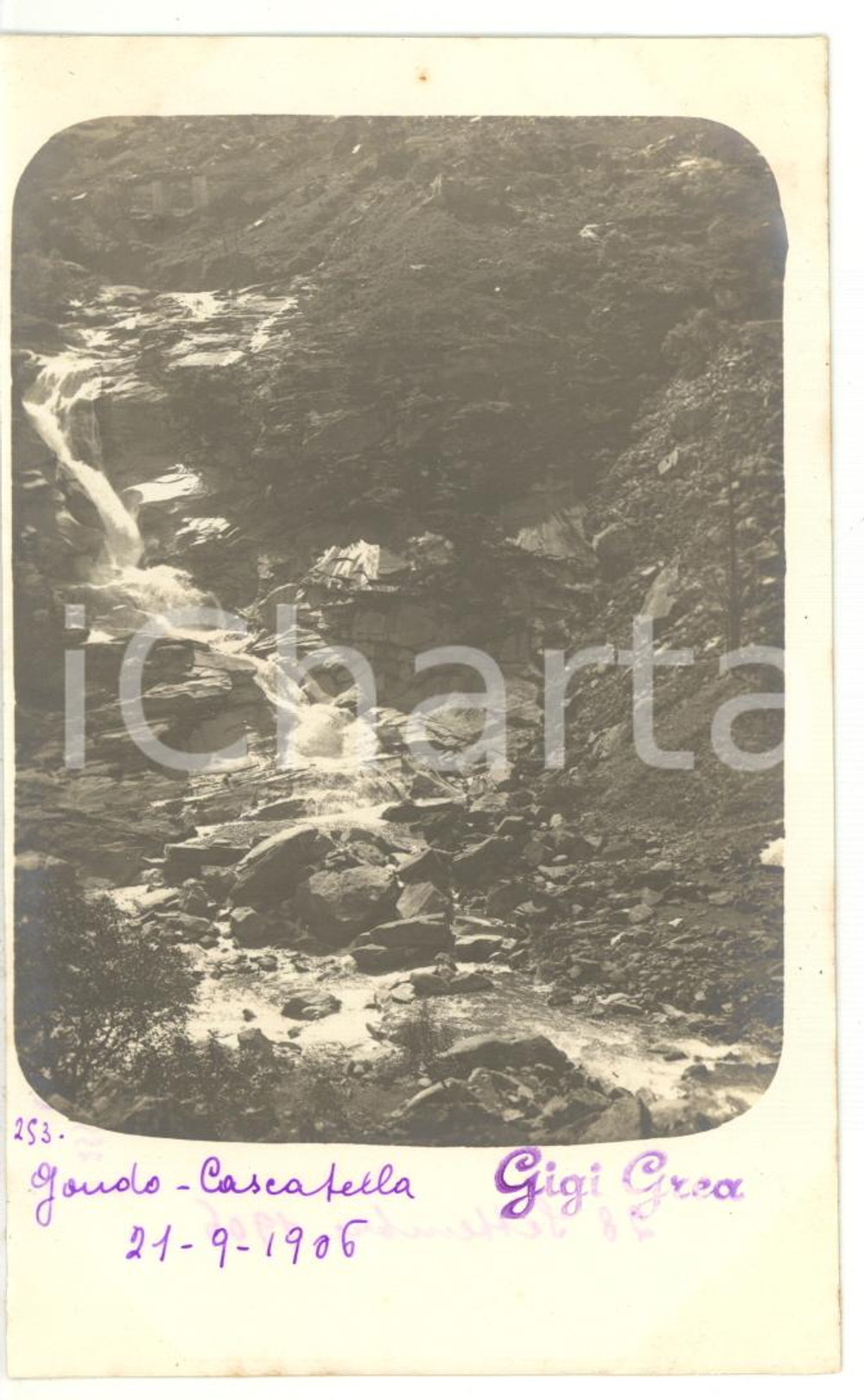 Fotografia d epoca originale 1906 GOLE DI GONDO SVIZZERA Veduta di una cascatella Fotocartolina 1