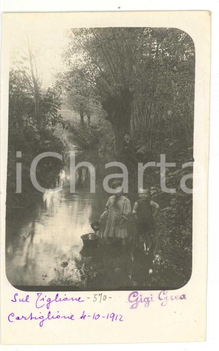 1912 CORTIGLIONE (AT) Bambini giocano nel fiume TIGLIONE - Fotocartolina