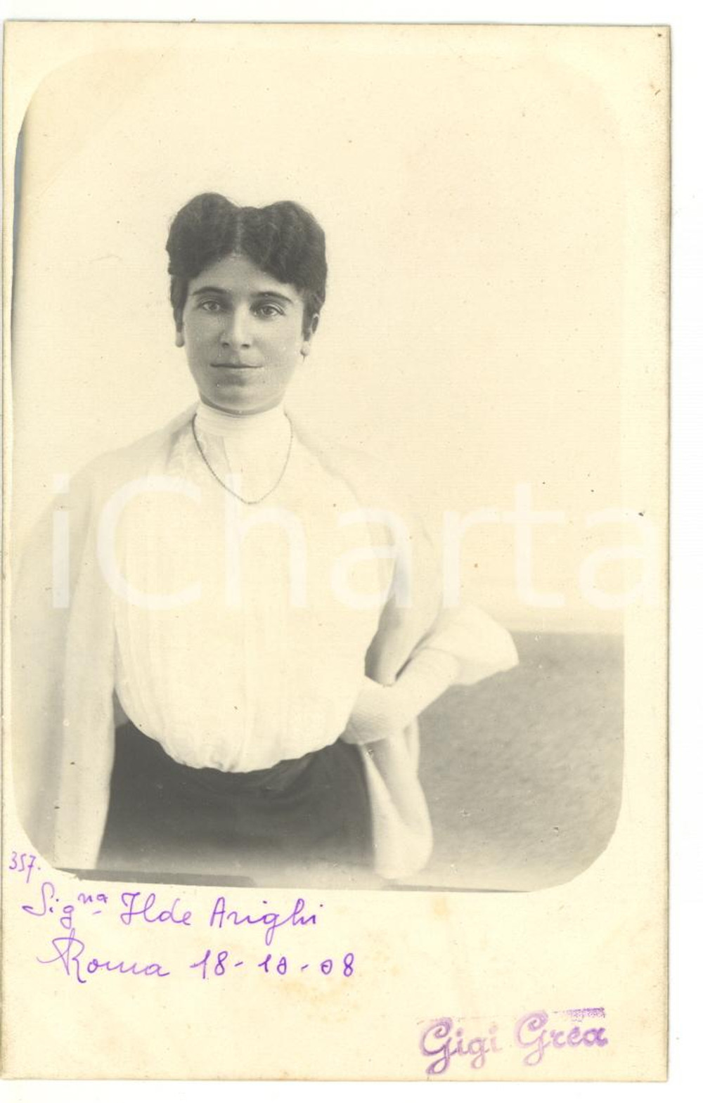 1908 ROMA Ritratto di Ilde ARIGHI con acconciatura raccolta - Fotocartolina