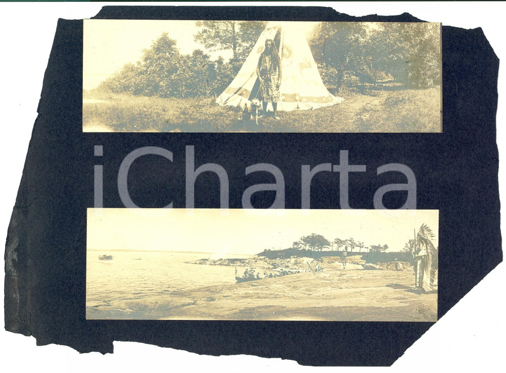 1890 ca USA Fiera in costume storico - Sbarco dei conquistatori *2 Foto RARE Rara e curiosa coppia di fotografie d'epoca, scattata in occasione di una fiera all'aperto, con rievocazione in costume della storia americana. Su cartoncino morbido.  CONDIZIONI: FAIR (fotografie in buone condizioni; mancanze al cartoncino)FORMATO: 25x18 cm (cartoncino) ; 17x6 cm (fotografie)    originale e autentica 1