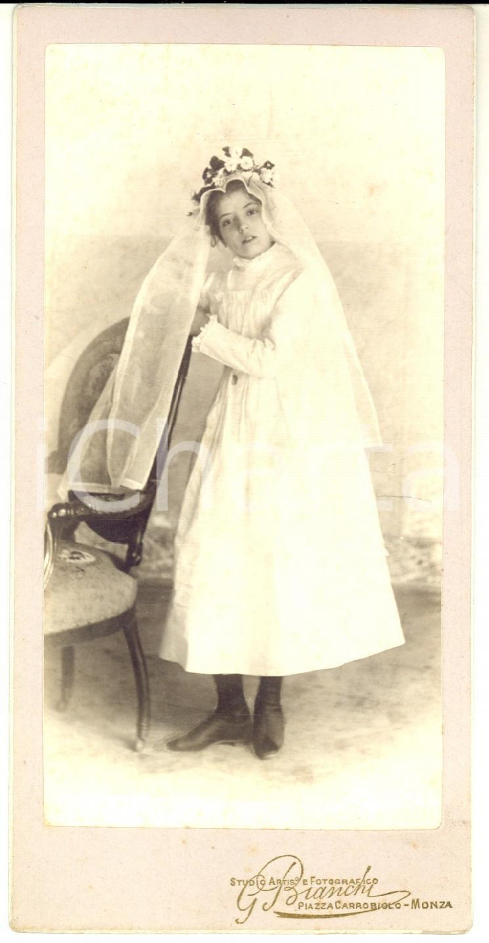 1920 ca MONZA Ritratto di bambina alla Prima Comunione *Foto G. BIANCHI 9x18 cm