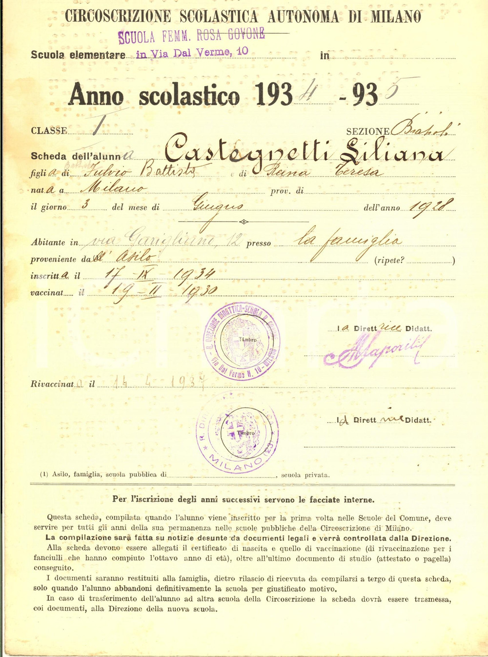 1935 MILANO Scuola "Rosa Govone" - Pagella Liliana CASTEGNETTI in BRAILLE