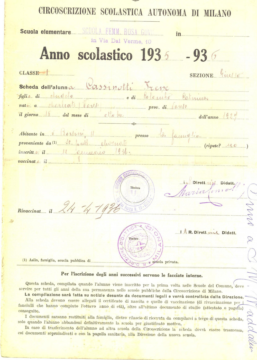 1936 MILANO Scuola "Rosa Govone" - Pagella Irene CASSINOTTI in BRAILLE