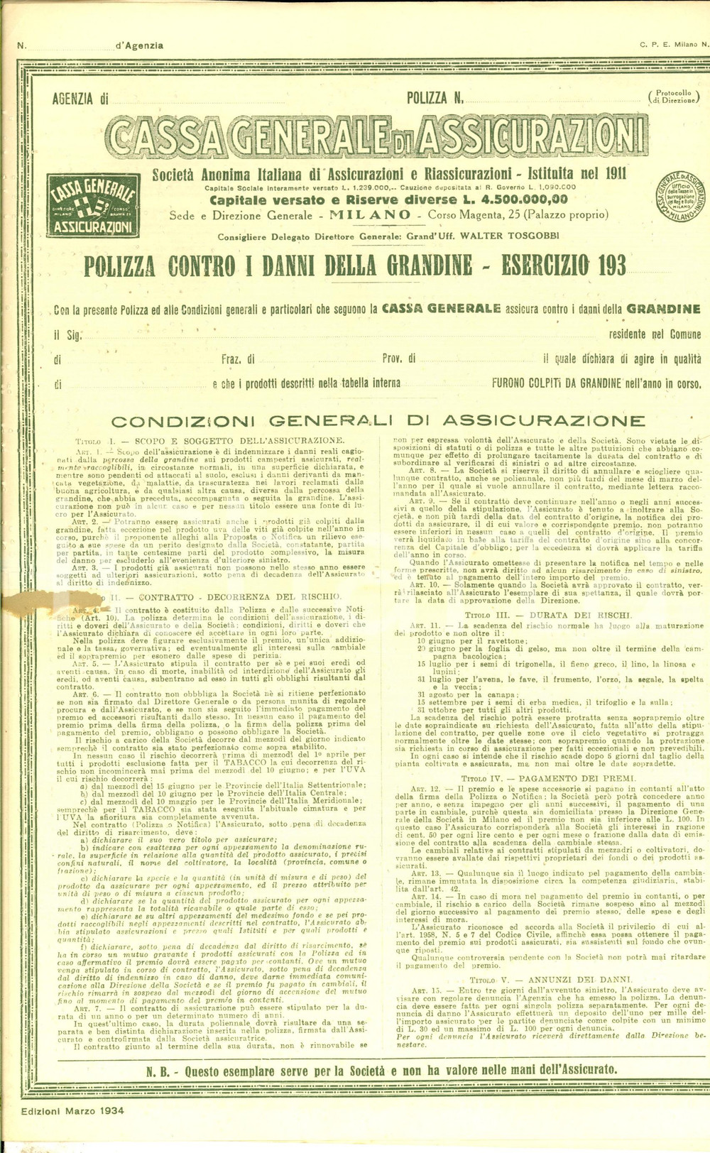 1934 MILANO Cassa Generale Assicurazioni - Polizza danni grandine in BRAILLE Pagella d'epoca, a stampa e in braille.CONDIZIONI: fair (piegature d'epoca; le pagine del fascicolo sono distaccate) PAGINE: 4     originale e autentica 1