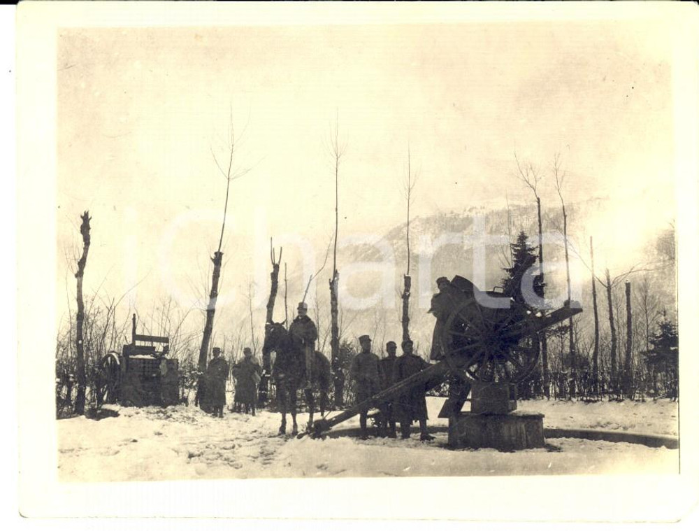 Fotografia d epoca originale 1916 WW1 ZONA DI GUERRA Artiglieria controlla un cannone nella neve  Foto 12x9 1