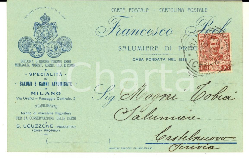 1906 MILANO Francesco PECK - Salumi e carni affumicate - Cartolina intestata