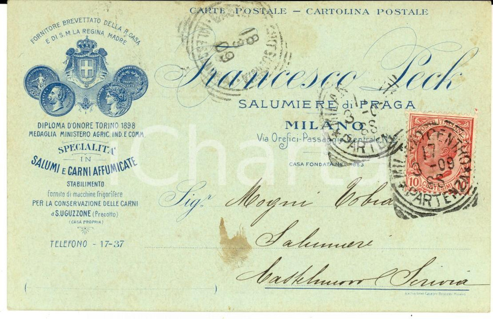 1909 MILANO Francesco PECK - Salumiere di Praga - Cartolina postale intestata