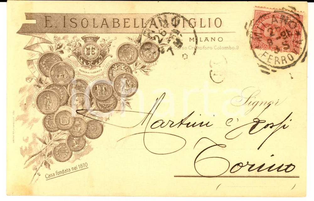 1898 MILANO Ditta E. ISOLABELLA & Figlio - Liquori - Cartolina intestata FP VG Cartolina postale intestata, viaggiata.CONDIZIONI: G (ma lieve macchia di inchiostro)    originale e autentica 1
