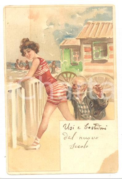 Cartolina originale da collezione 1900 ca ITALIA  EROTICA VINTAGE Nano importuna una bagnante Cartolina FP NV 1