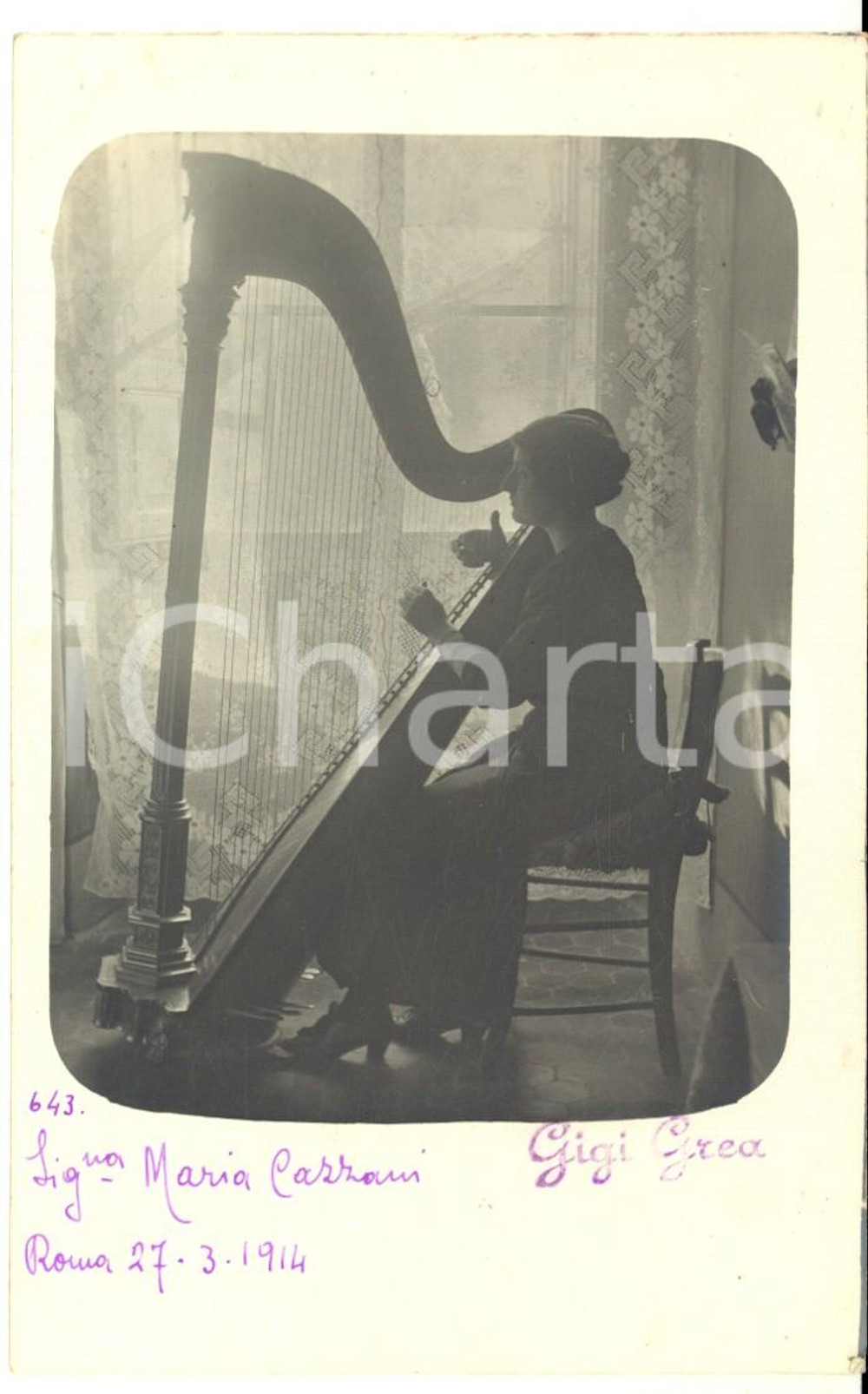 1914 ROMA Ritratto di Maria CAZZANI con l'arpa - Foto cartolina ARTISTICA