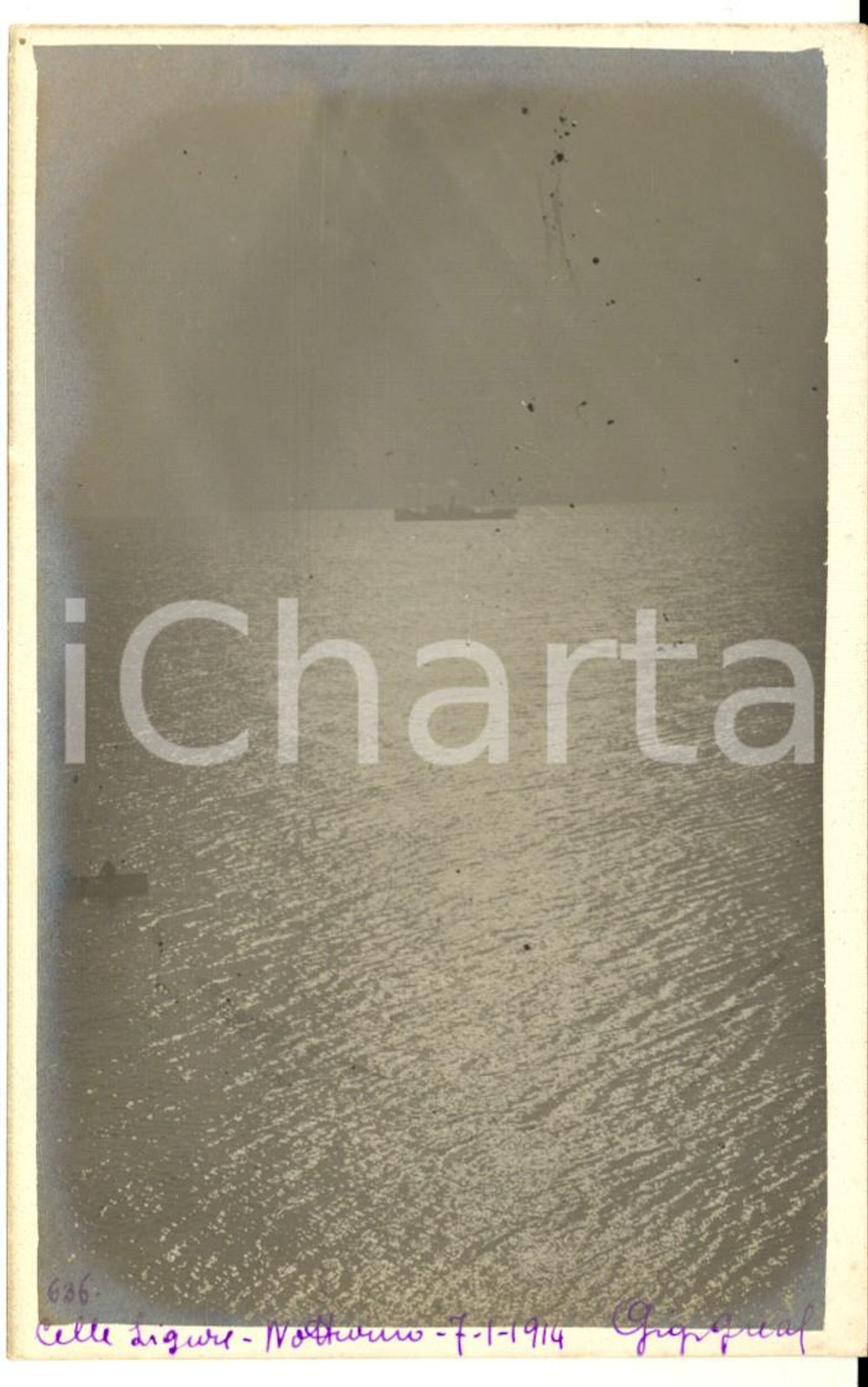 1914 CELLE LIGURE Notturno con nave in transito - Foto cartolina ARTISTICA