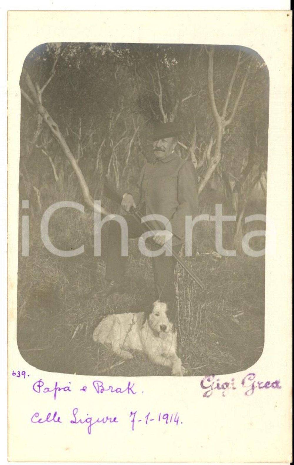 1914 CELLE LIGURE - CACCIA - Celestino GREA con il cane BRAK - Foto ARTISTICA