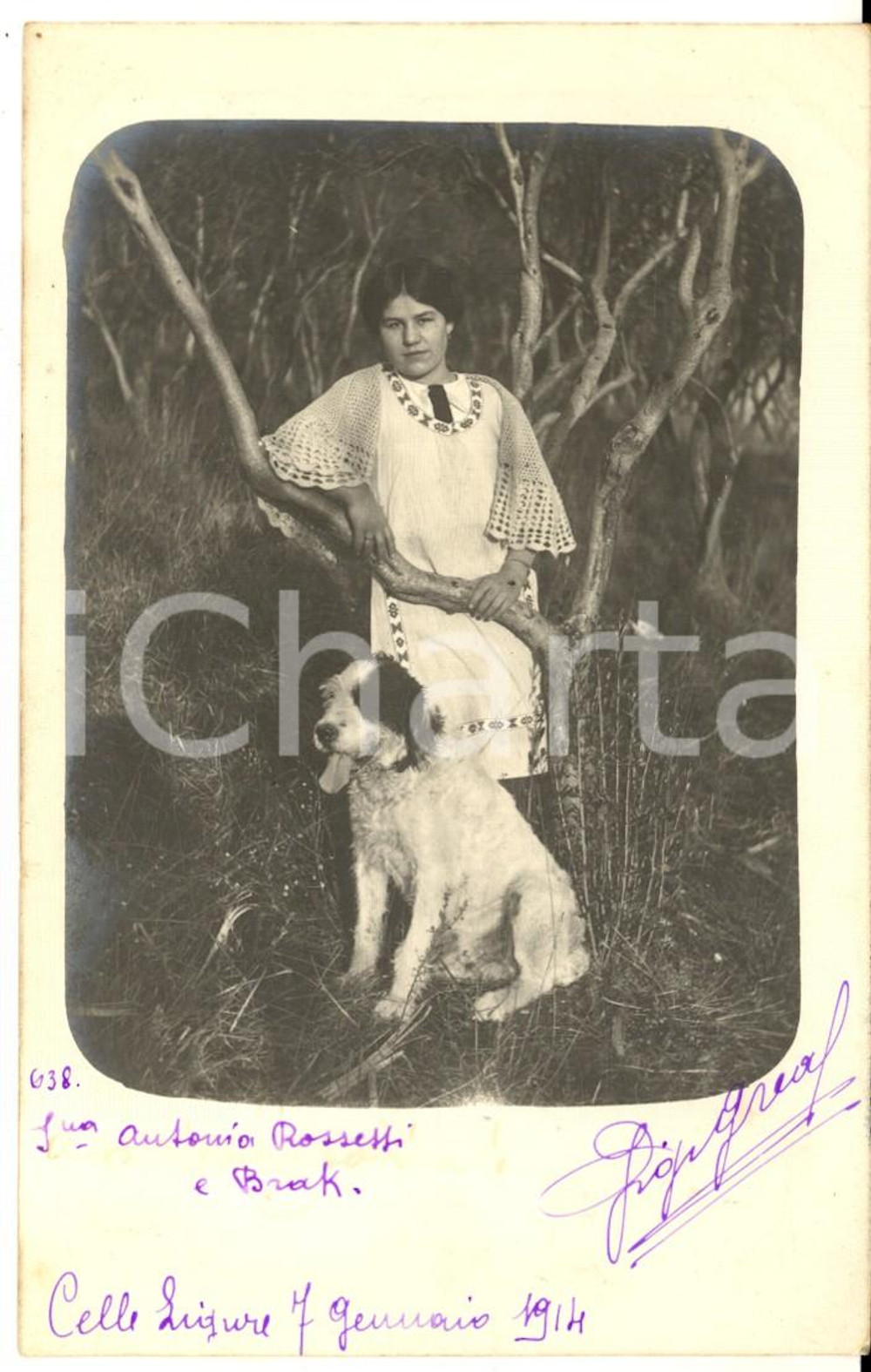 1914 CELLE LIGURE Antonia ROSSETTI con il cane da caccia BRAK - Foto ARTISTICA