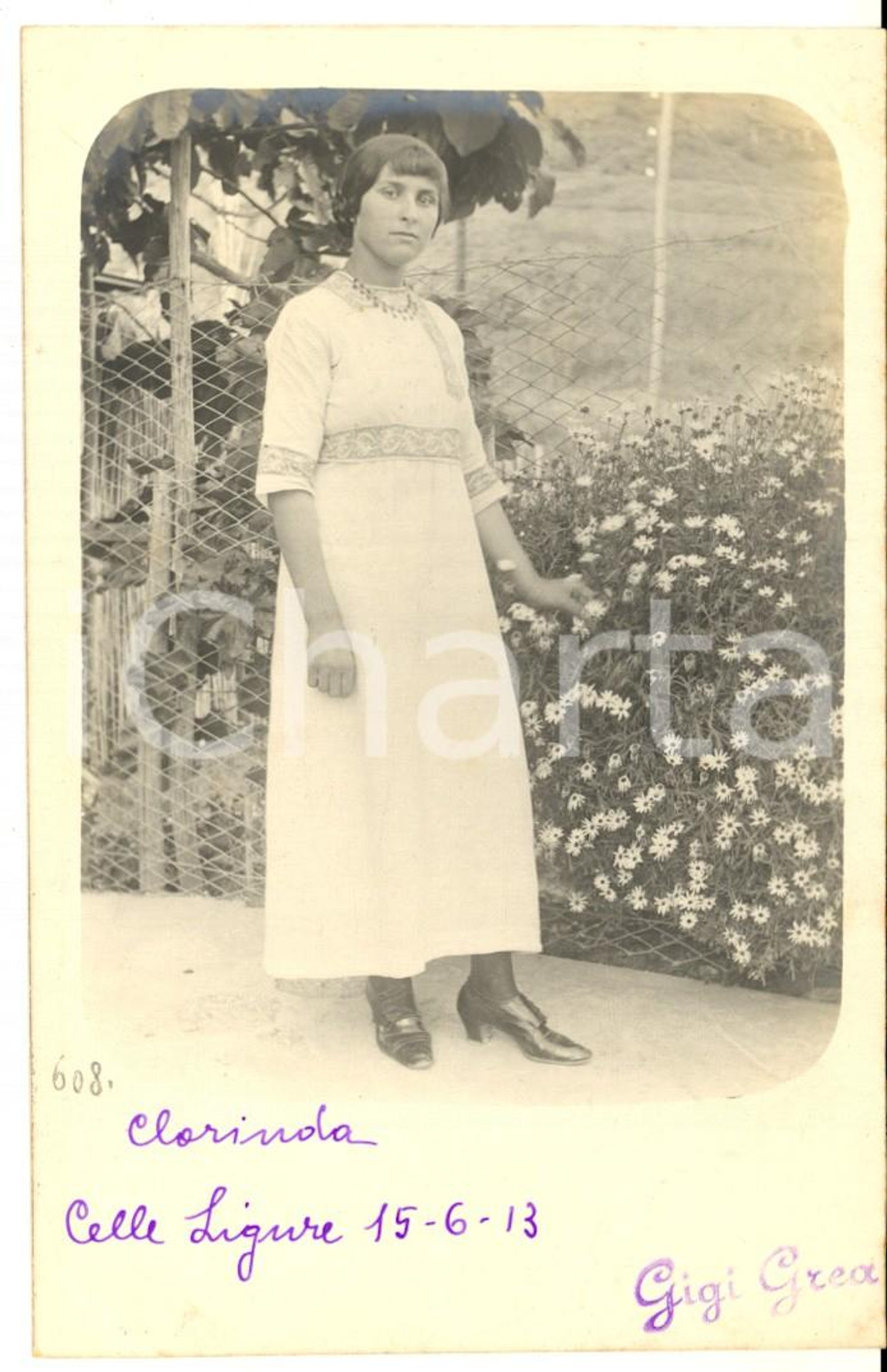 1913 CELLE LIGURE Ritratto di Clorinda COSTA in giardino - Foto cartolina