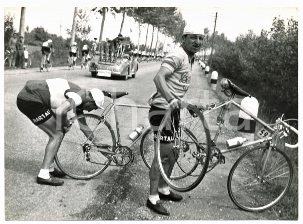 1953 GIRO D'ITALIA Gino BARTALI e Serafino BIAGIONI riparano ruota forata *Foto
