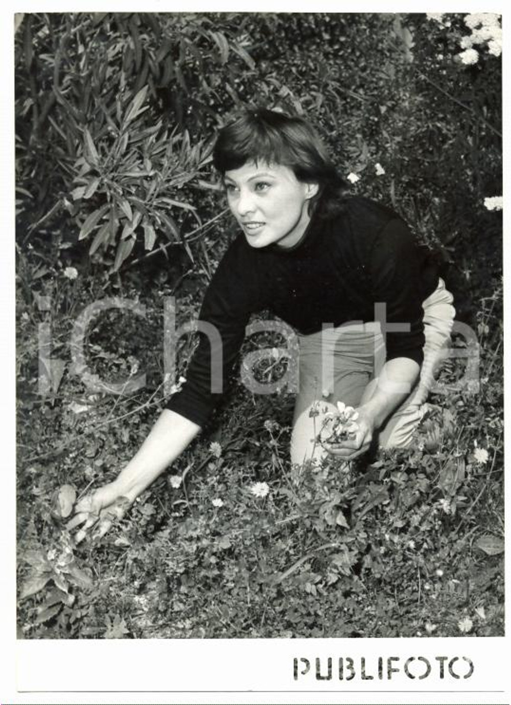 Fotografia d epoca originale 1958 NAPOLI L’attrice Hélène Rémy coglie fiori su terrazzo di casa Foto 13x18 cm 1