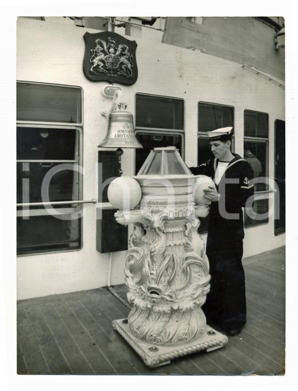 1954 LONDON Leading stoker Ian DENNY looks compass aboard Royal Yacht BRITANNIA