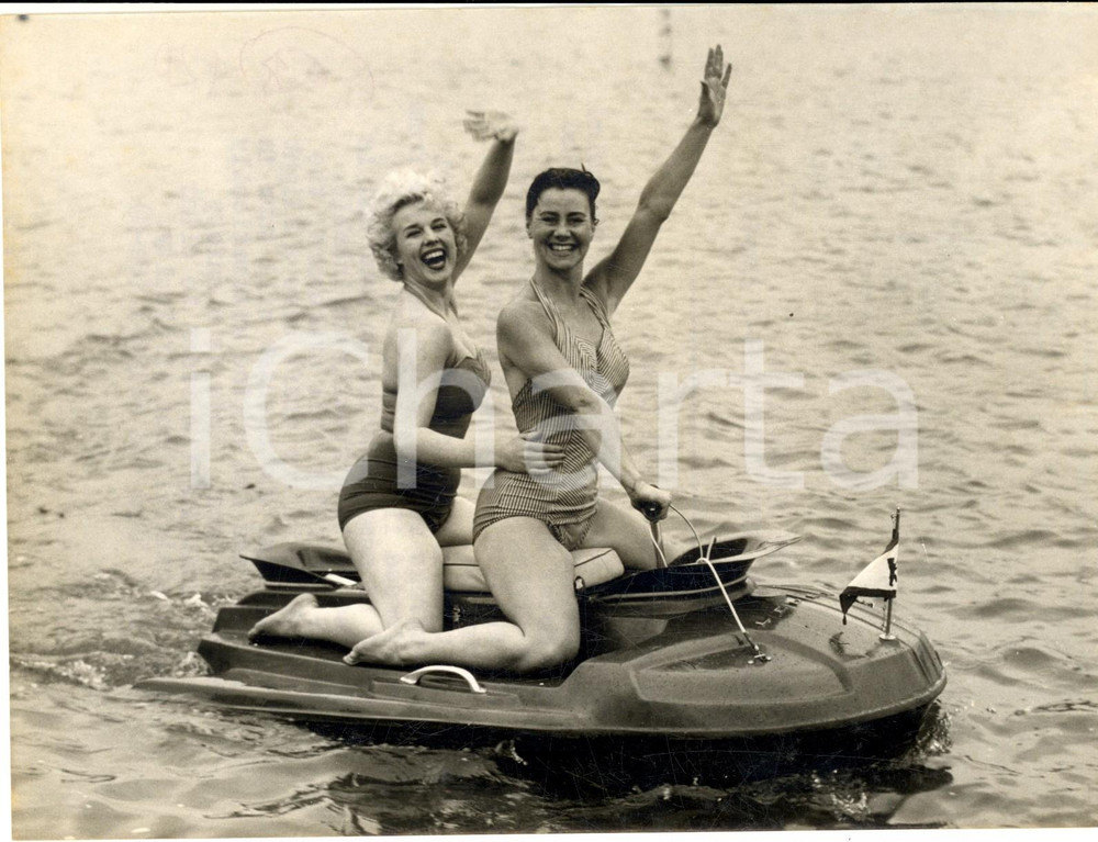 1956 RUISLIP LIDO Windmill Girls Kay HARRIS Carole MILLS on a water scooter 