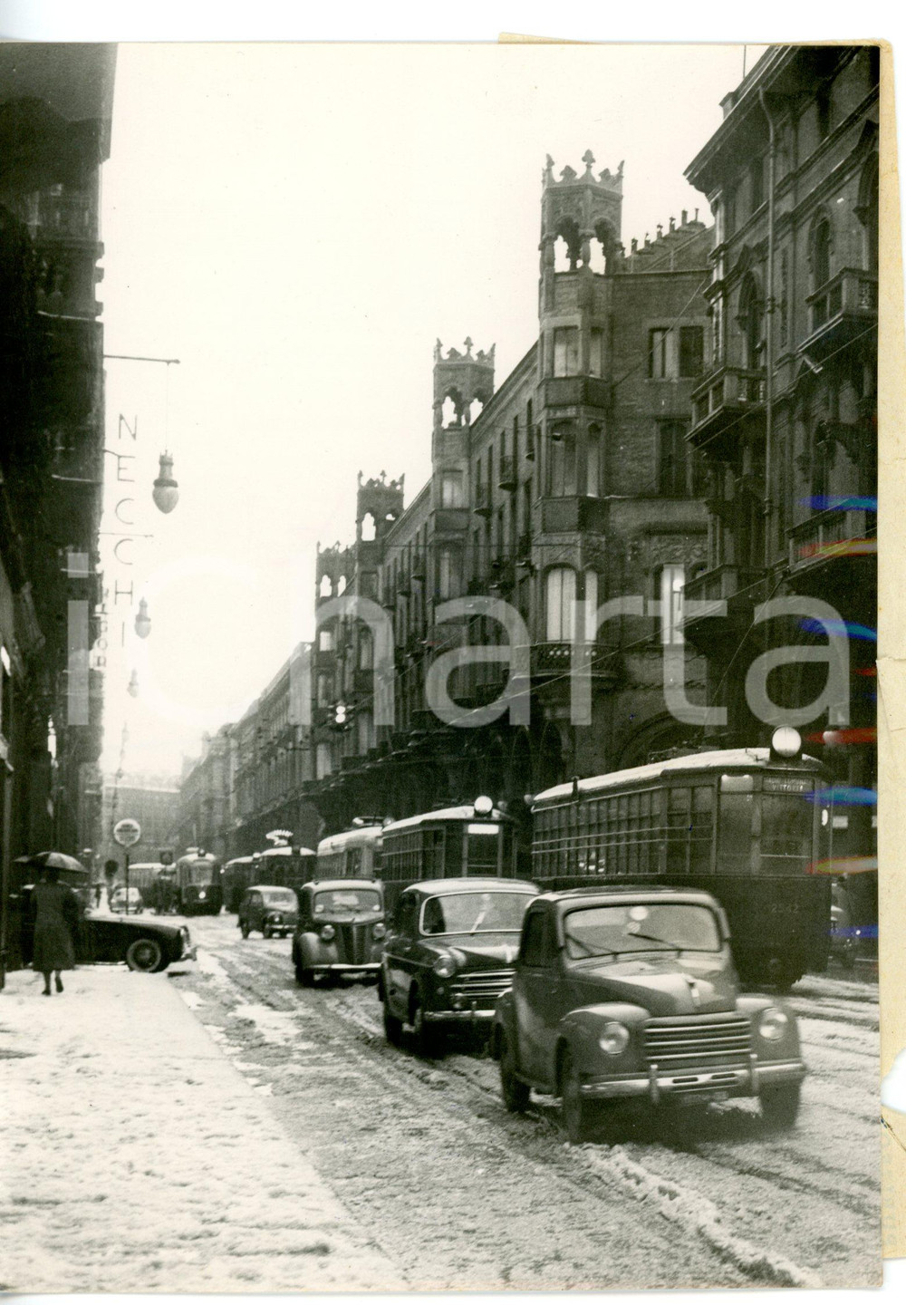 1954 TORINO Eccezionale nevicata - Traffico in una via del centro *Foto 13x18 cm
