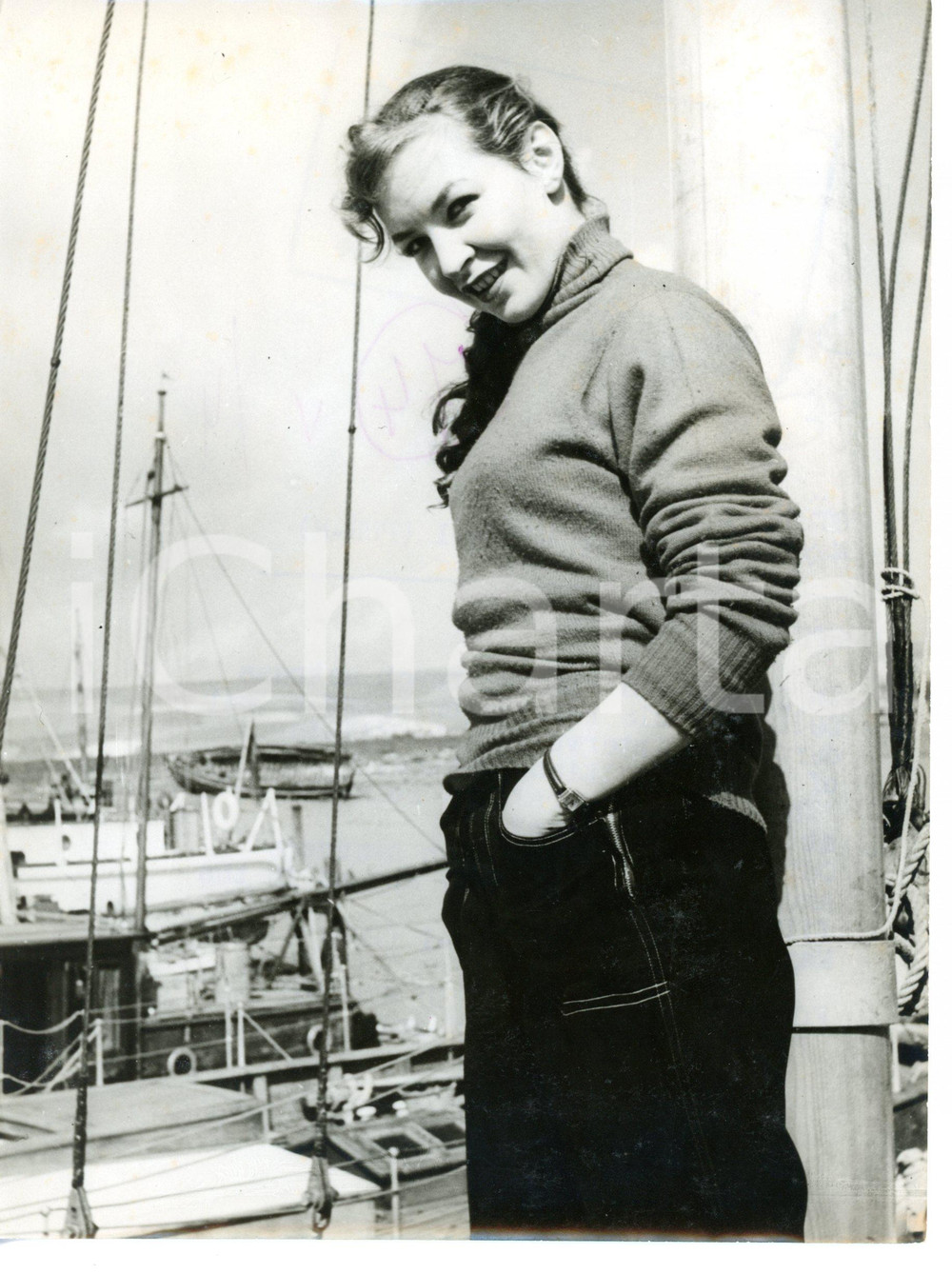 1954 NEWHAVEN Portrait of Odile VERSOIS on a boat *Photo 15x20 cm