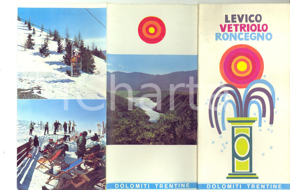 Materiale pubblicitario d’epoca 1967 DOLOMITI TRENTINE  LEVICO  VETRIOLO  RONCEGNO Brochure ILLUSTRATA 1