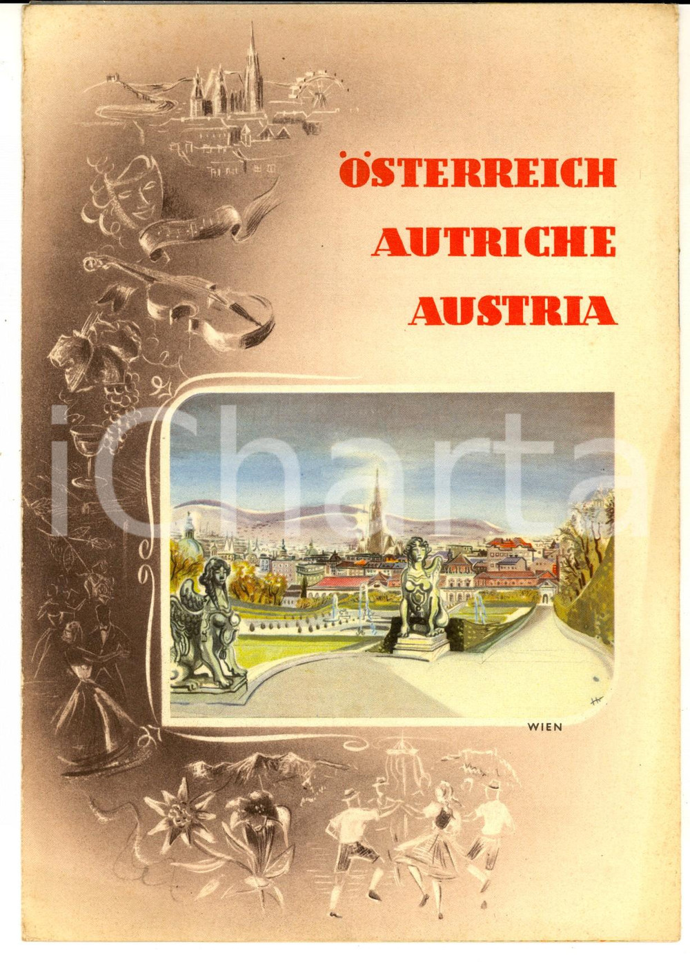 Materiale pubblicitario d’epoca 1950 ca OSTERREICH  AUTRICHE  AUSTRIA  Pieghevole VINTAGE Illustrato 1