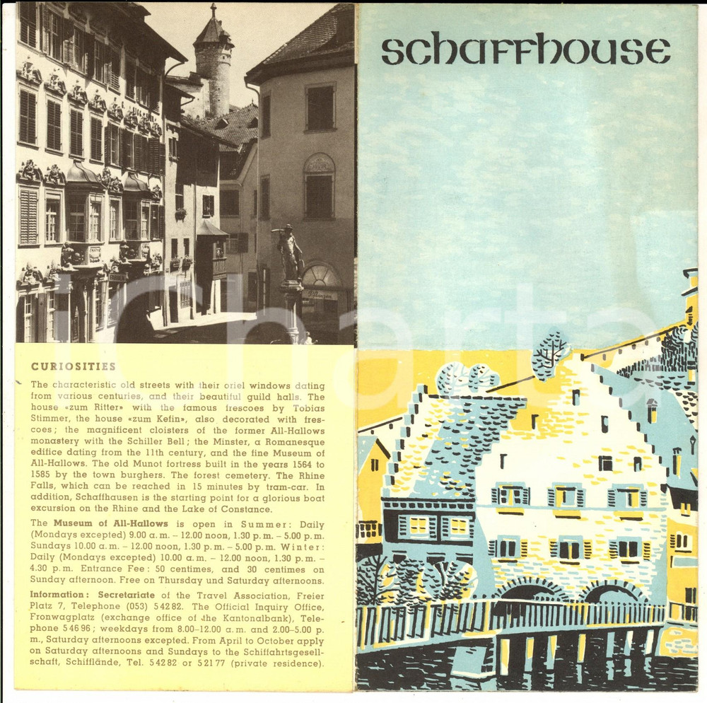 1955 ca SCHAFFHAUSEN (SWITZERLAND) Pieghevole TURISMO Deutsch Français English
