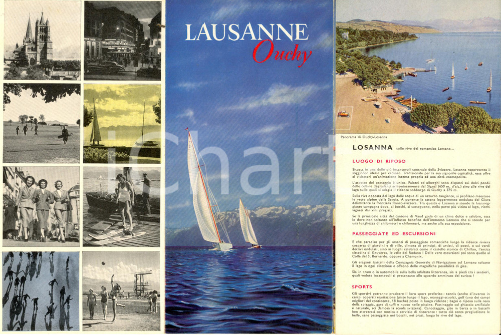 1955 LAUSANNE OUCHY Pieghevole TURISMO ILLUSTRATO Italiano