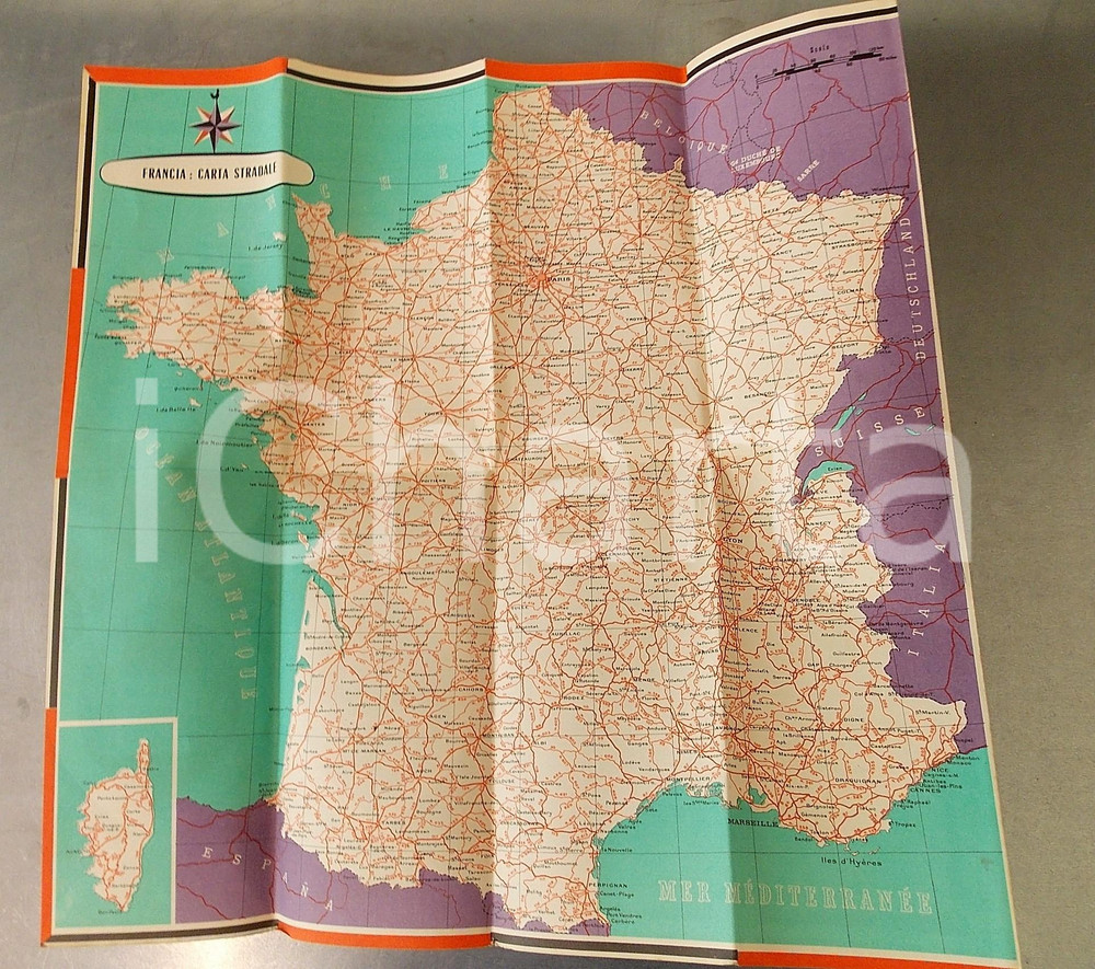 1954 Strade di FRANCIA Pieghevole con carta turistica e stradale *VINTAGE