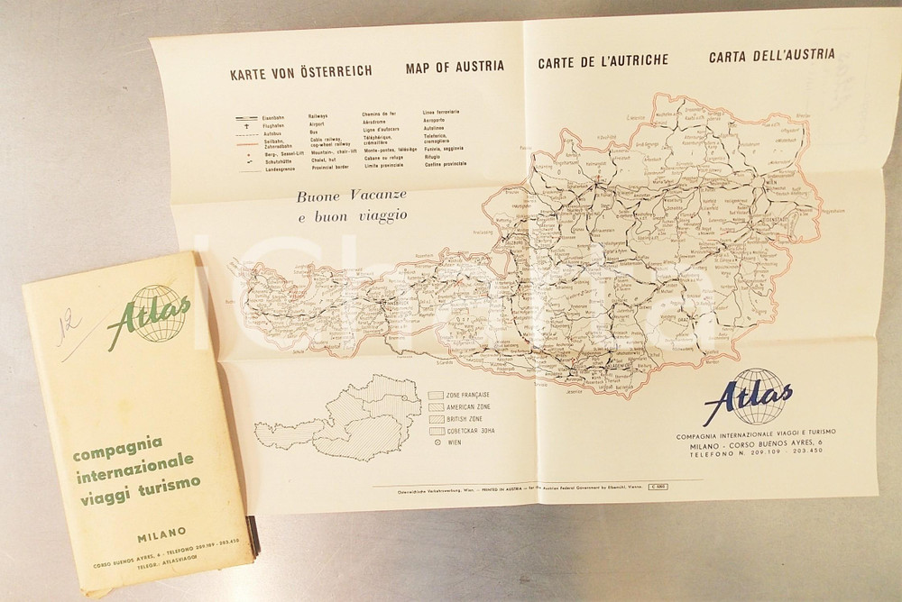 1955 ca Carta dell'AUSTRIA - Mappa VINTAGE con custodia VIAGGI ATLAS MILANO